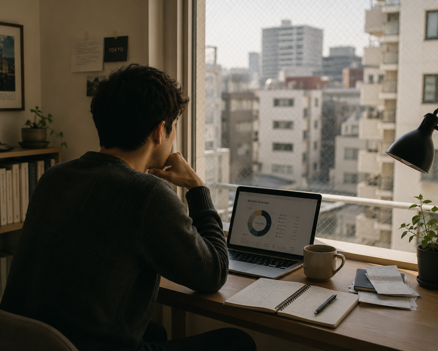 Person working at a desk overlooking the Tokyo city skyline